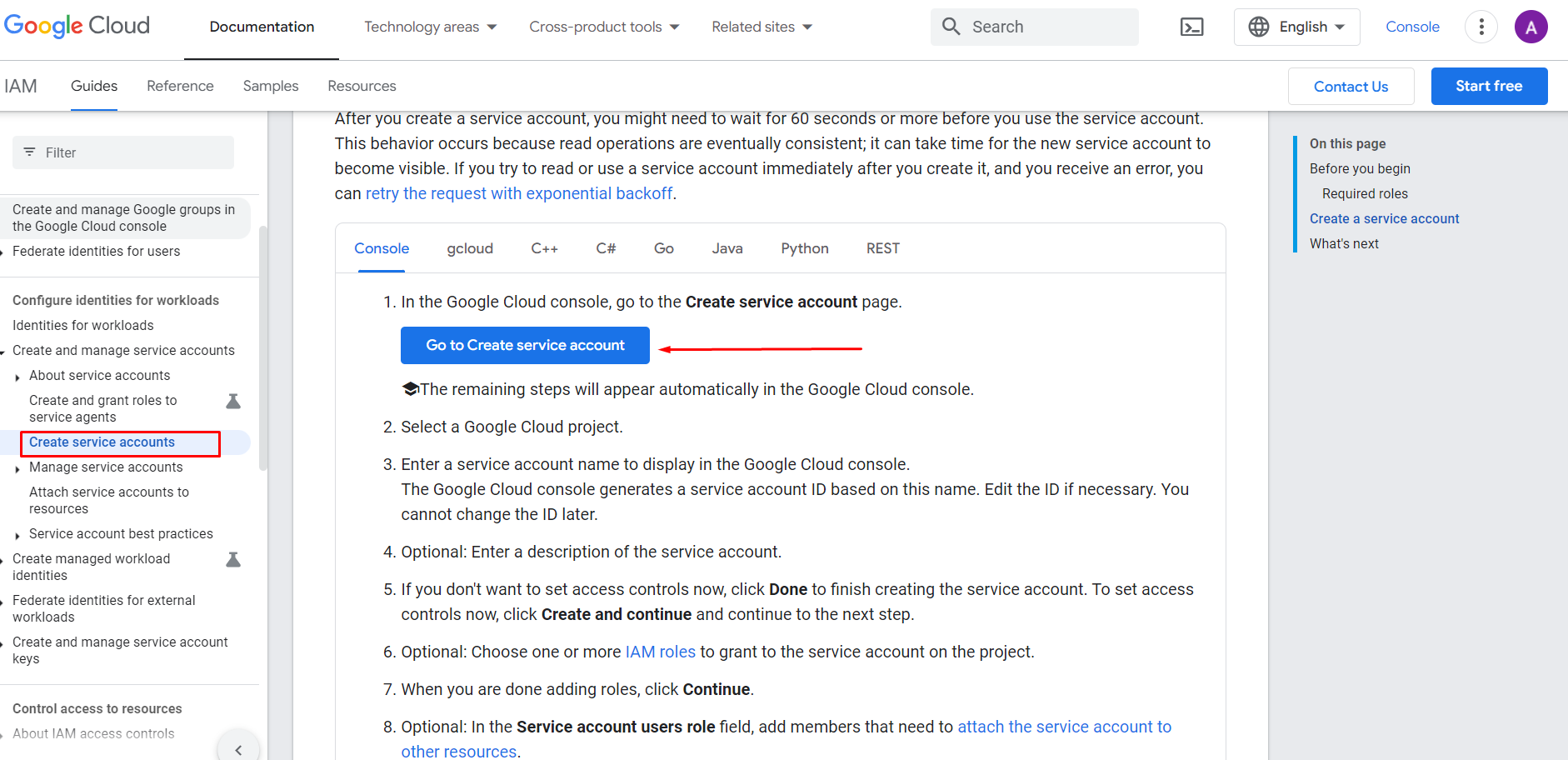 Create service account