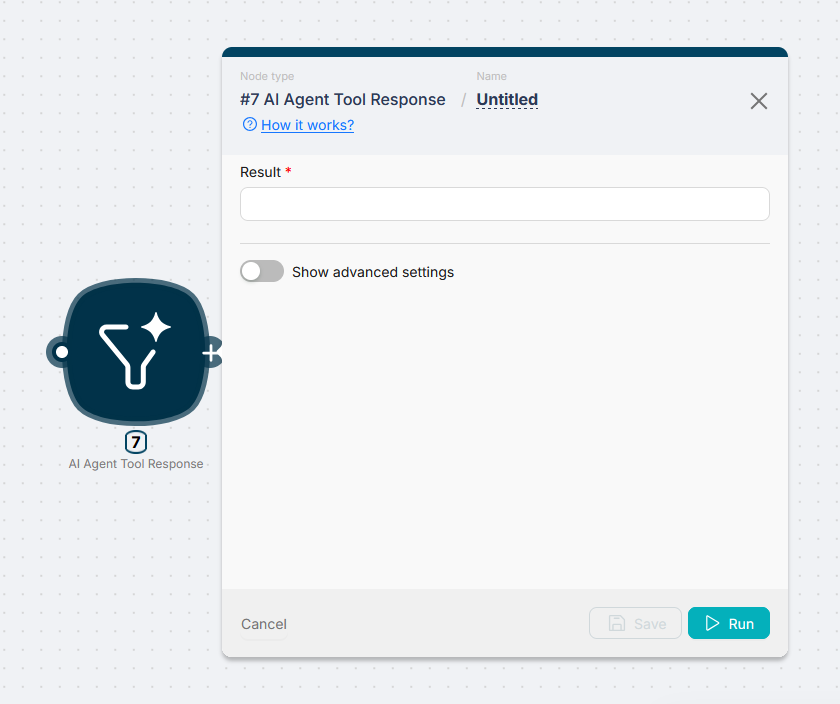 AI Agent Tool Response settings with one field for the tool result