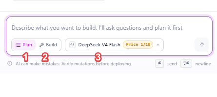 Builder input with Plan, Build, and the model picker marked 1, 2, and 3