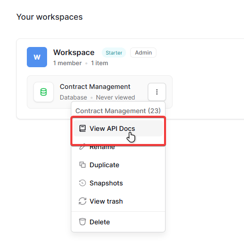 View API Docs item in the database menu