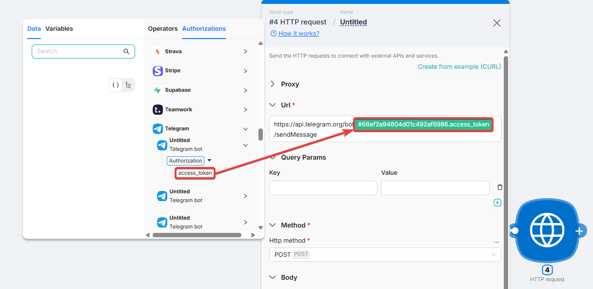 Authorization substitution: Authorizations tab with Telegram token selected