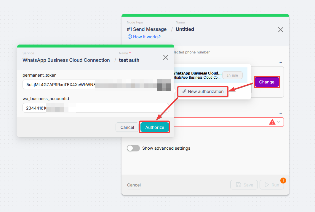 WhatsApp Business Cloud — create authorization on the node