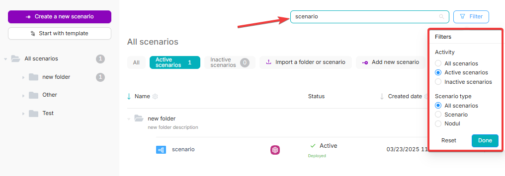 Search and type filter