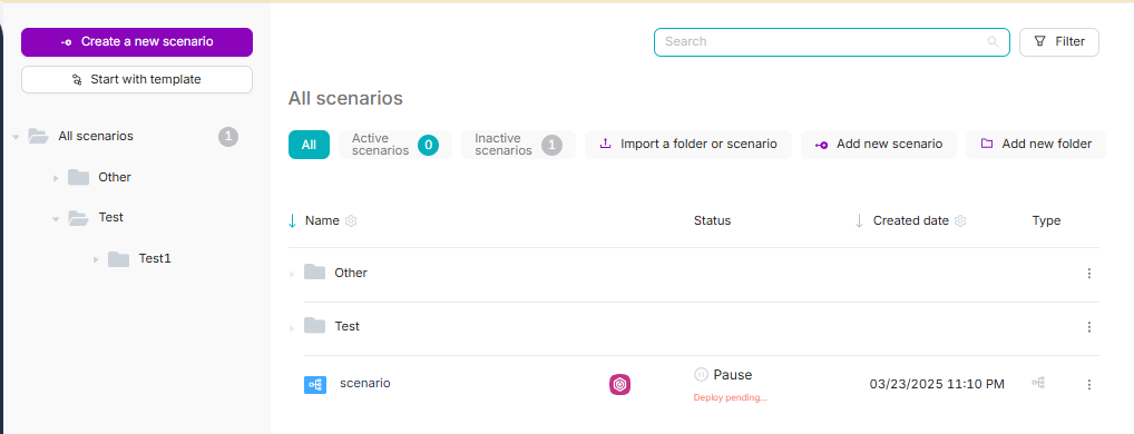 Scenarios page: folders and scenarios
