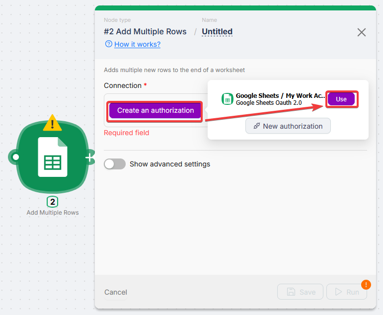 Selecting an existing Google Sheets connection
