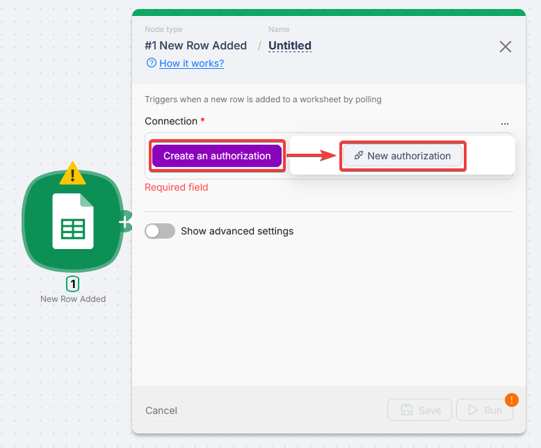 Empty Connection field on a Google Sheets node