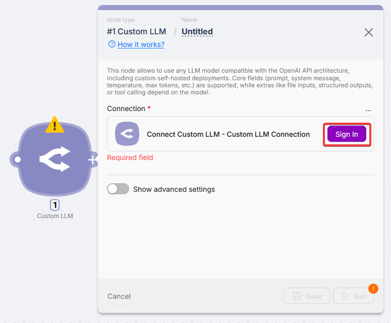 Connection field on Custom LLM node