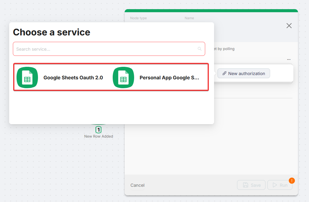 Choosing Google Sheets connection type in the authorization popup