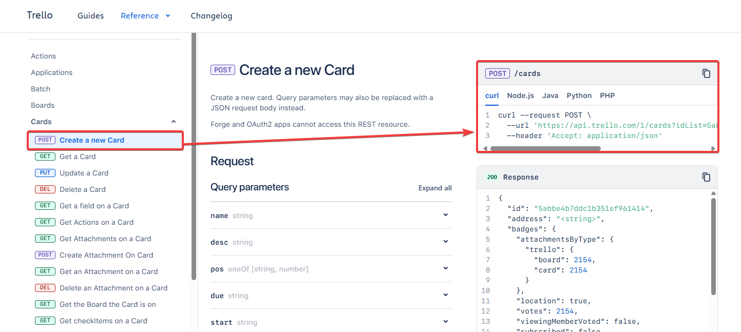 Create a new Card page: cURL example highlighted on the right