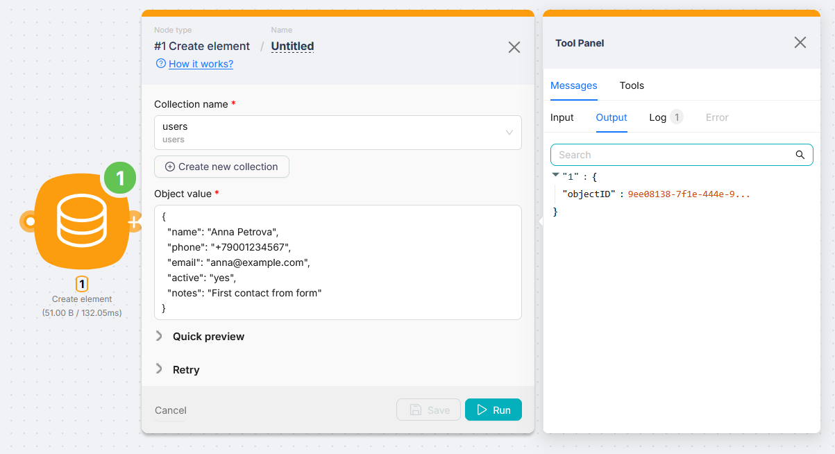 Create element: JSON in Object value and output with Object ID