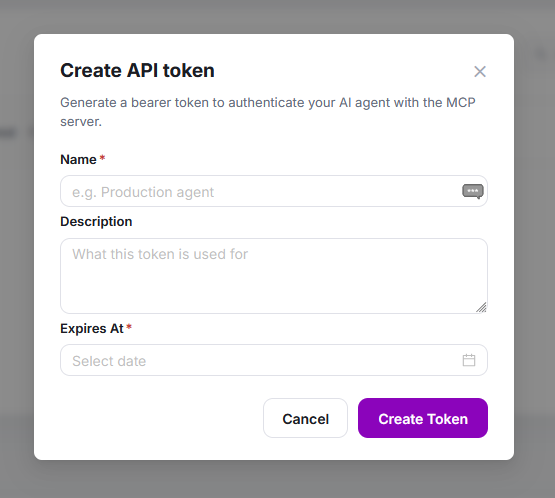 Create API token dialog