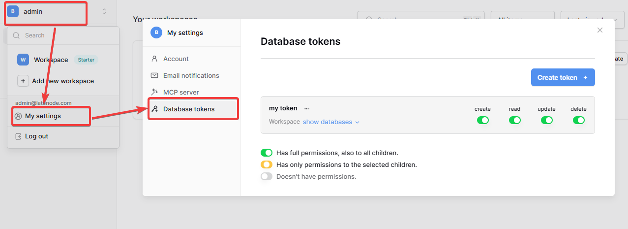 My settings: Database tokens section with the token list and permissions