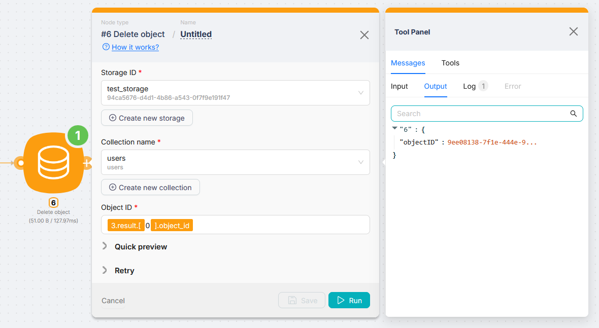 Delete object: Object ID from a previous node and deleted id in the output