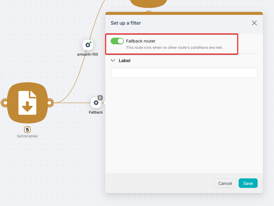 Route settings with the Fallback router toggle enabled