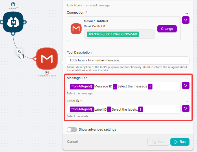 fromAIAgent placeholder in a connected node field