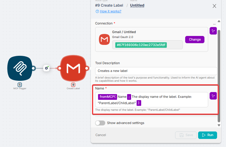 MCP Trigger input parameters table with Type=fromMCP