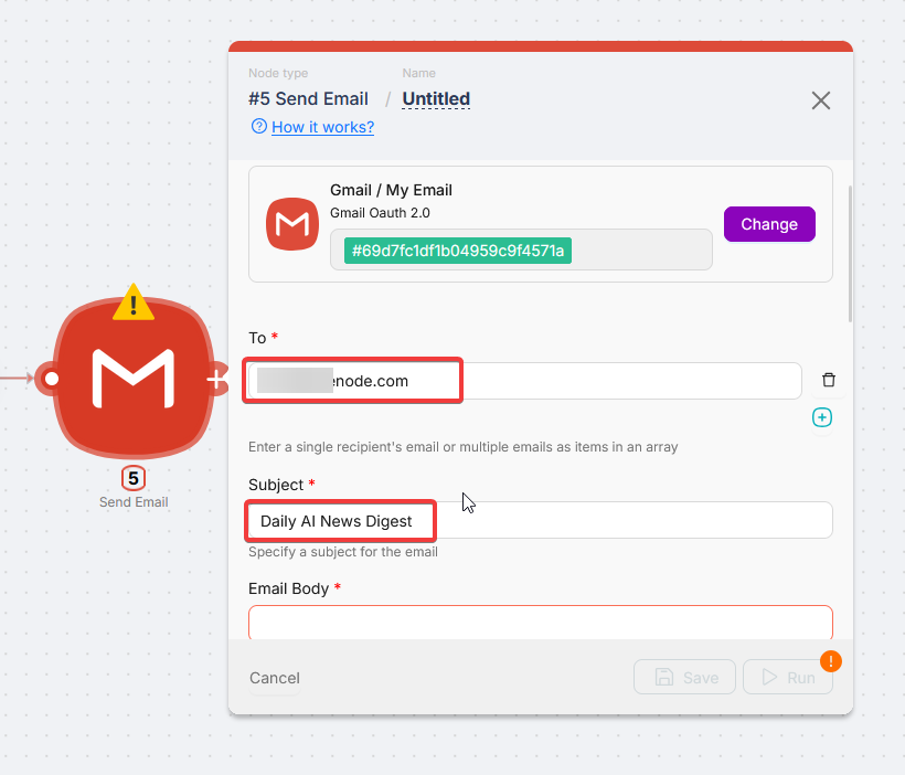 Gmail: To (your email) and Subject (Daily AI News Digest) filled in