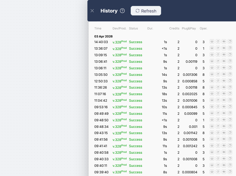 History panel with run list and action icons
