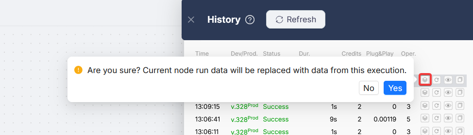 Use Execution Data confirmation dialog