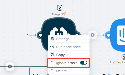 Ignore errors setting in node advanced settings
