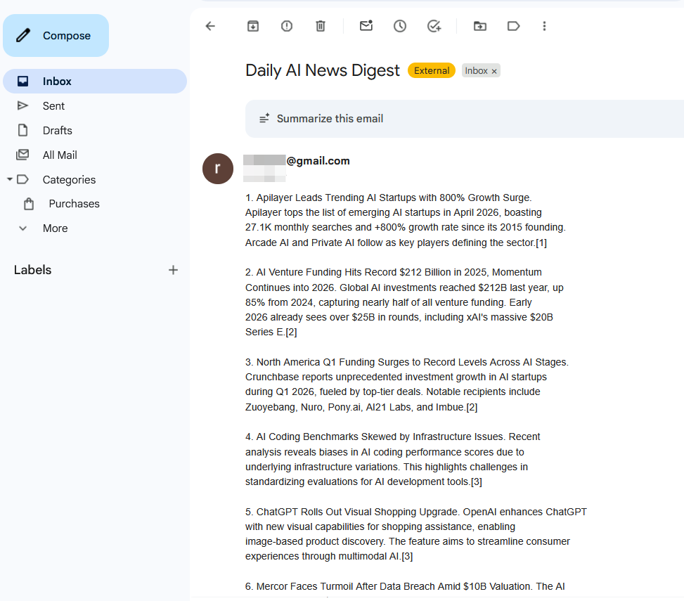 Inbox: digest email from the scenario at the address you set