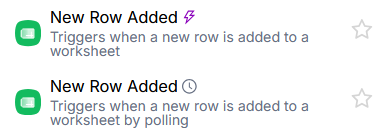 Two "New Row Added" triggers: one with a lightning bolt icon (Instant) and one with a clock icon (Polling)