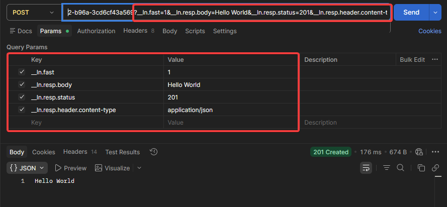 Postman request with __ln.resp.* parameters and a 201 Created response