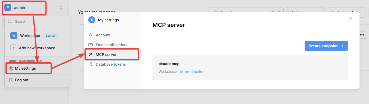 My settings: MCP server section with an endpoint