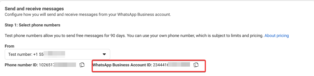 Meta API Setup — test number and WhatsApp Business Account ID