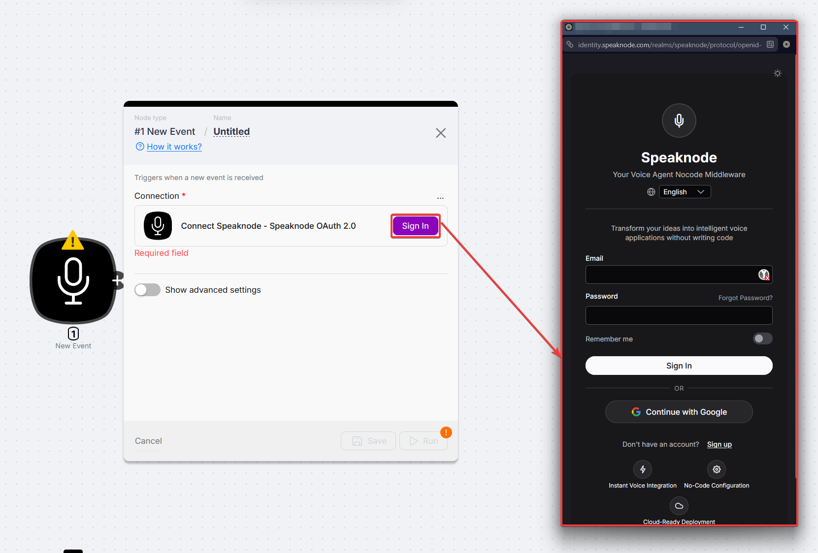 New Event trigger: Create an authorization opens the sign-in popup