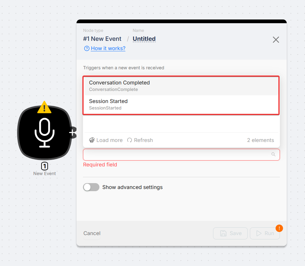New Event trigger: Event Type dropdown with Conversation Complete and Session Start
