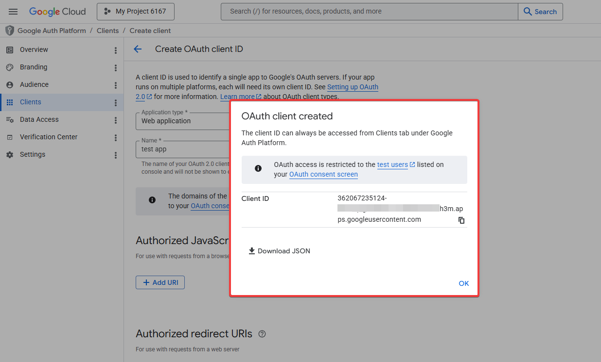 OAuth client created popup with Client ID