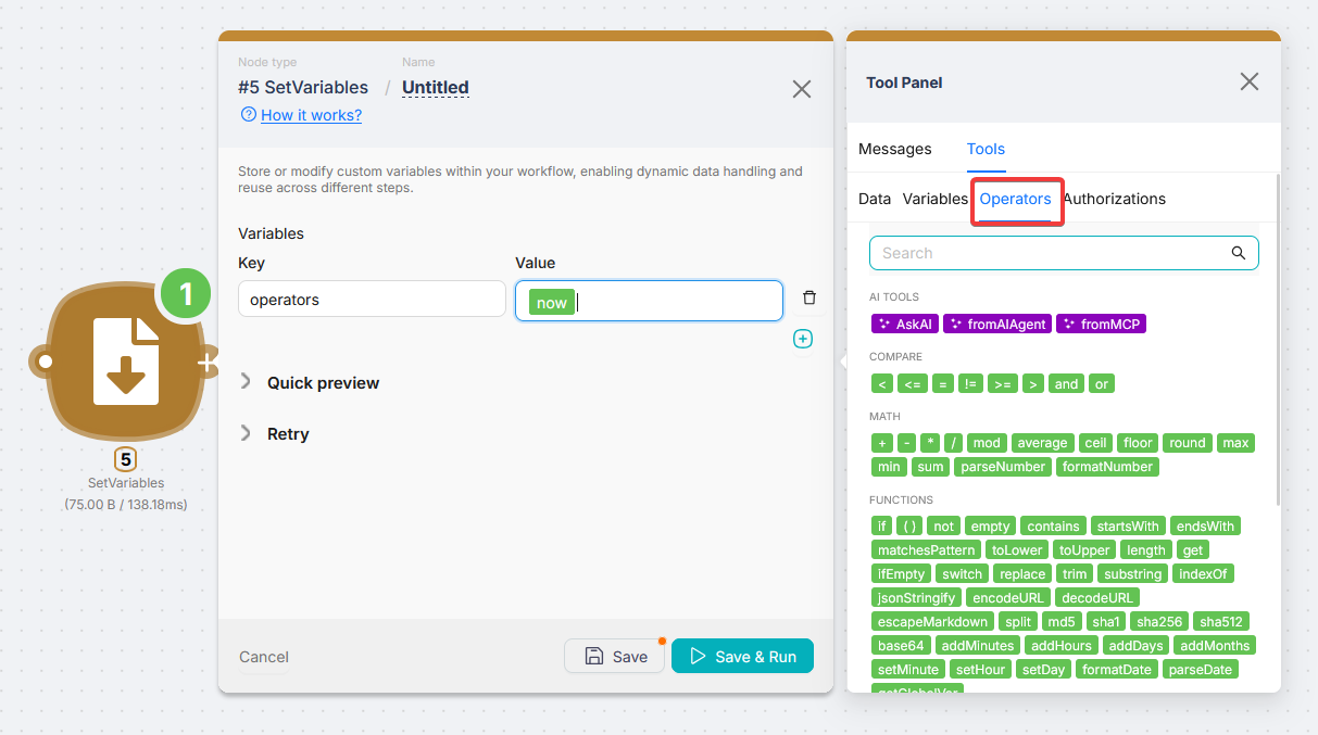 Operators tab in the field panel: list of operators by group - Compare, Math, Functions, Date