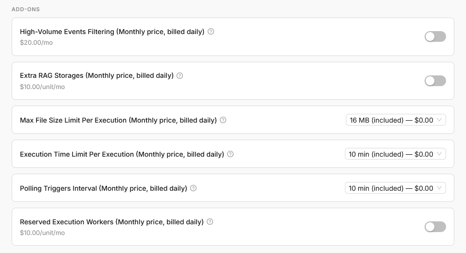 Add-ons section with toggles and dropdown limits