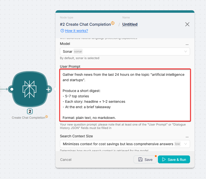 Perplexity AI: Prompt field with the sample text
