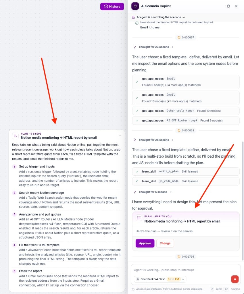 Plan card on the canvas with the approval card in the chat