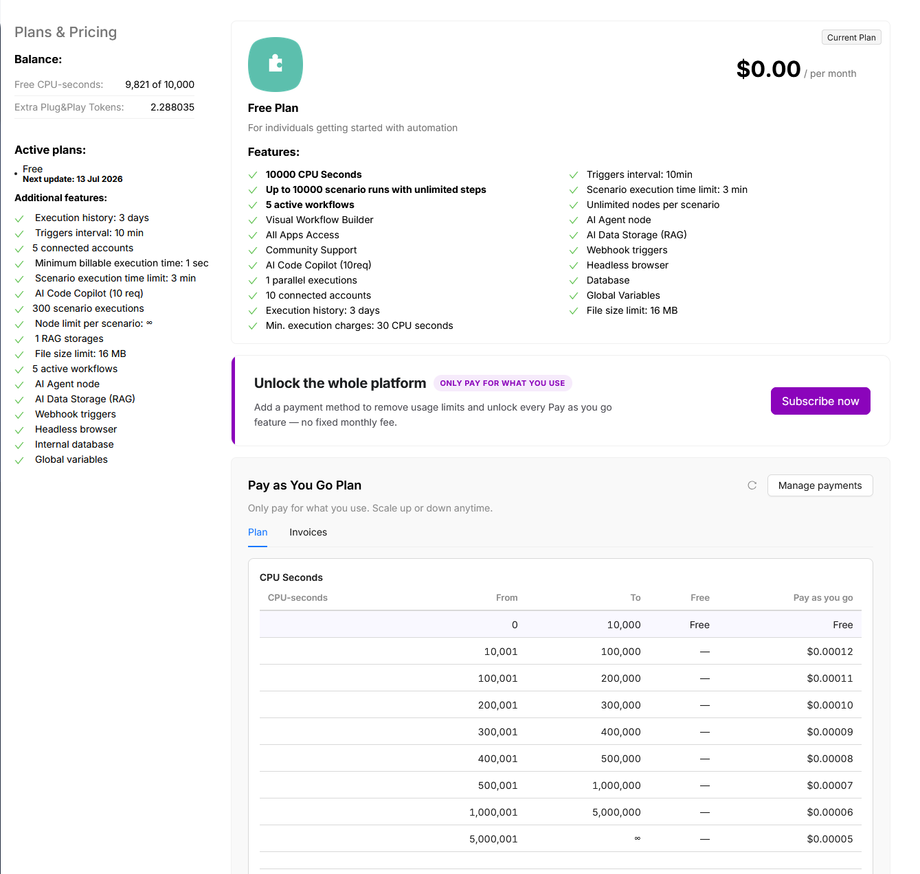 Plans and Pricing overview: sidebar balance, Free plan card, unlock banner, and Pay as You Go section