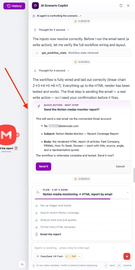 Quick action card asking to confirm sending an email