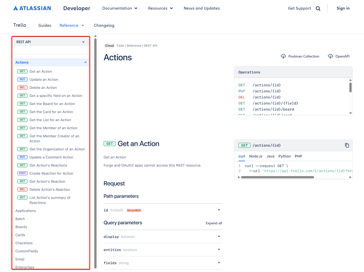 Trello REST API page with sections in the left sidebar