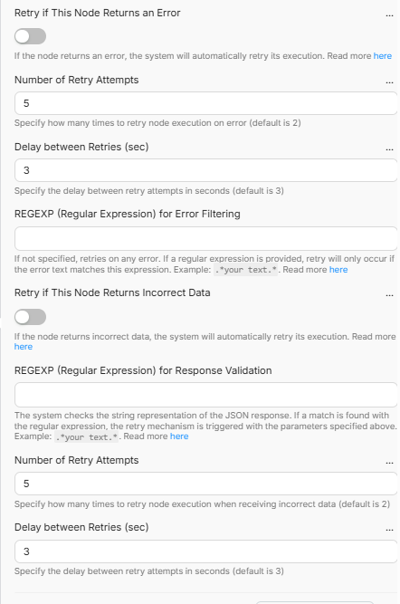 Complete error handling settings panel