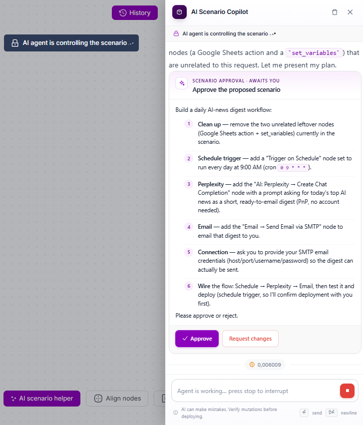 Scenario approval card with Approve and Request changes buttons