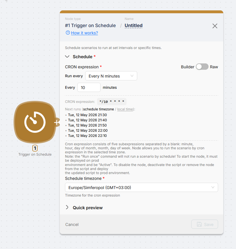Trigger on Schedule node: Builder mode with next runs preview