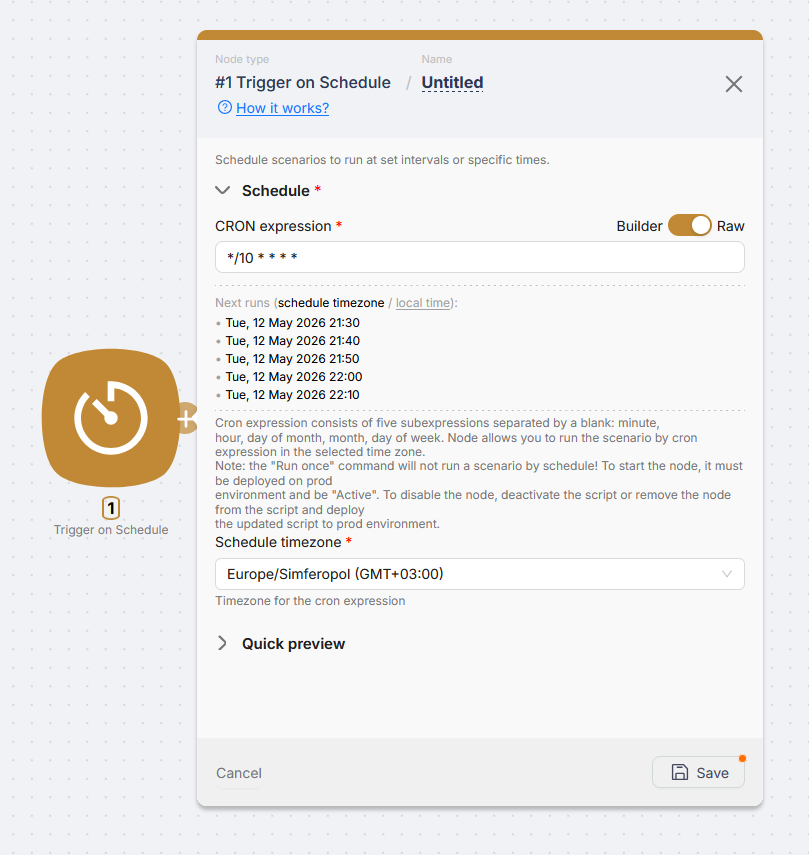 Trigger on Schedule node: Raw mode with CRON expression
