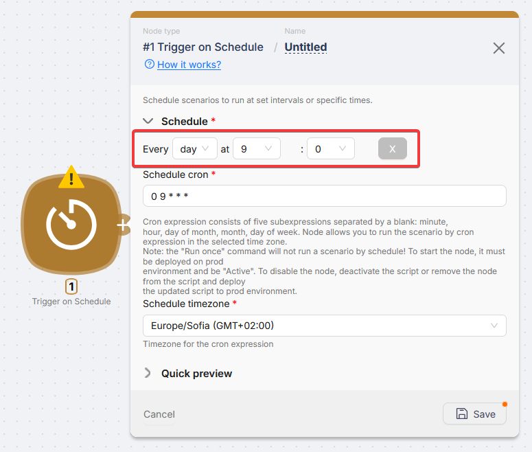 Trigger on Schedule panel: Every day at 9:00, Schedule cron, and Schedule timezone