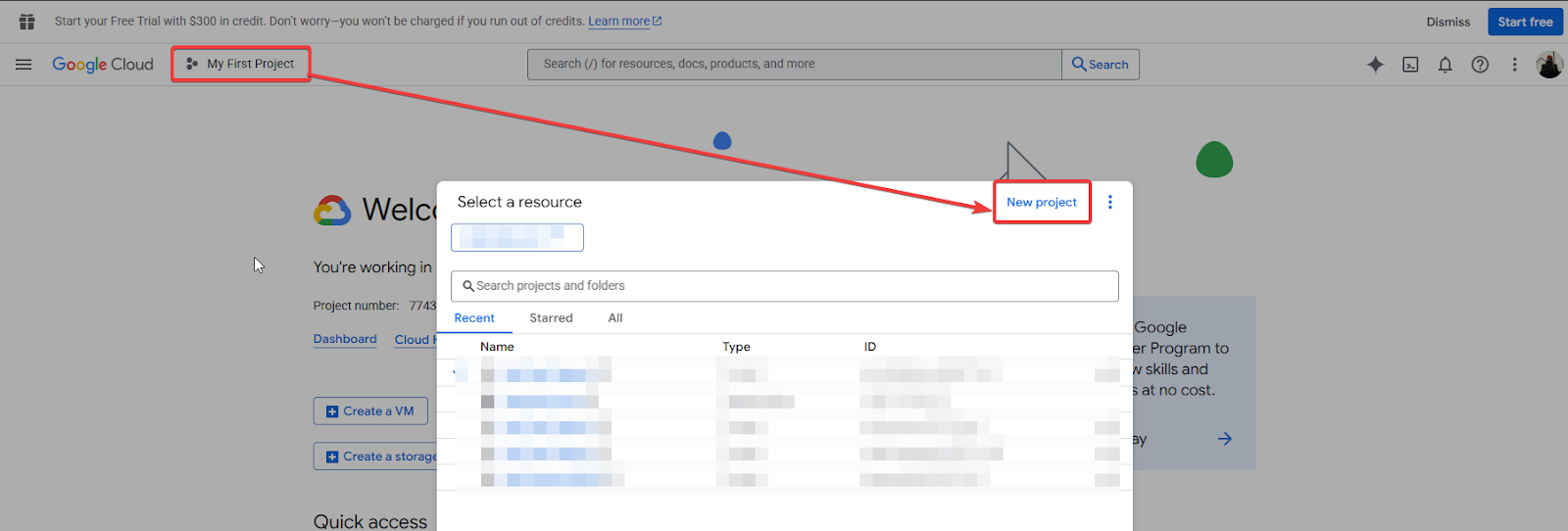 Project picker and new project dialog in Google Cloud