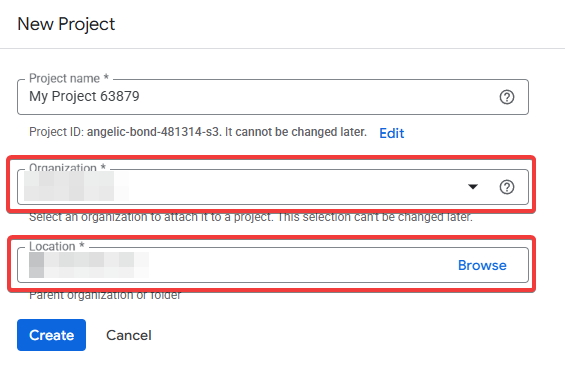 Project creation fields: project name, organization, and location