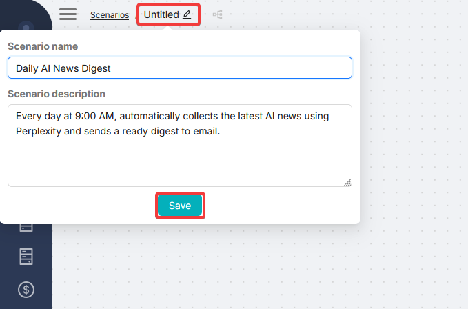 Creating a scenario: name, description, and save