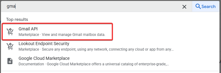 Search for Gmail API or another required API in the library