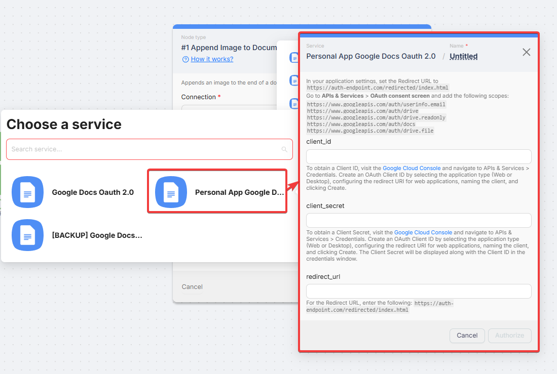 Authorization process in Latenode with Personal App selection