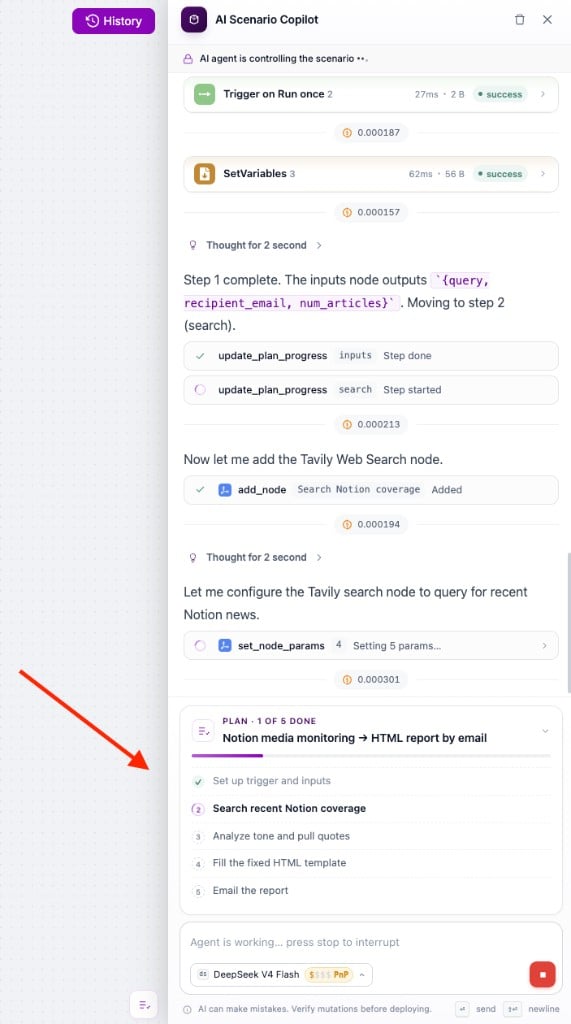 Task tracker in the chat showing one of five steps done